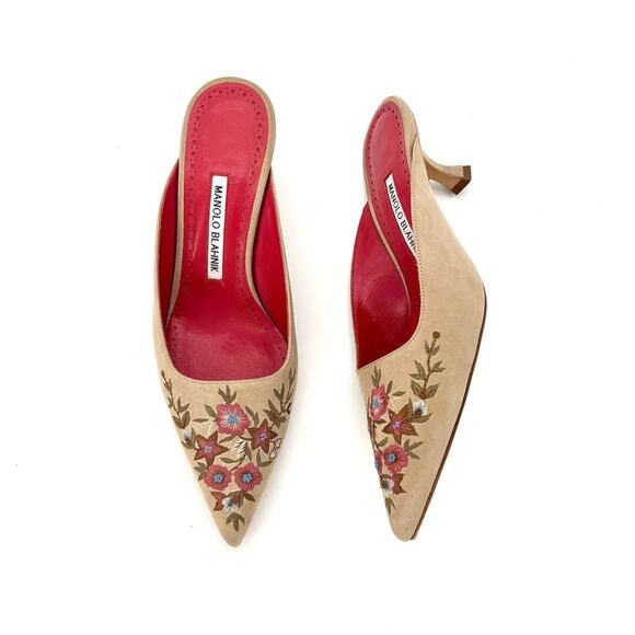 Manolo Blahnik Ornella Floral Embroidered Suede Slip On Kitten Heel Mules 38 - Picture 3 of 10